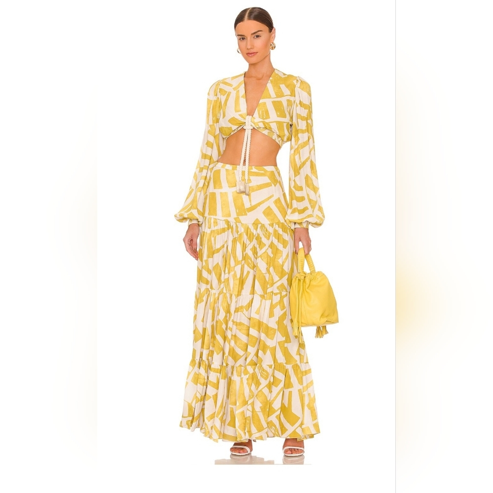 NWT House of Harlow 1960 Top Skirt printed Set Linen Rayon XS/S white mustard